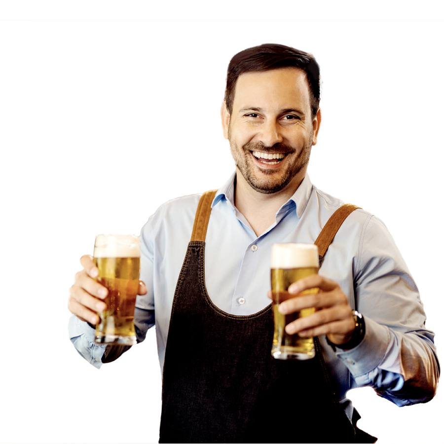 Alcohol server holding two glasses of beer.